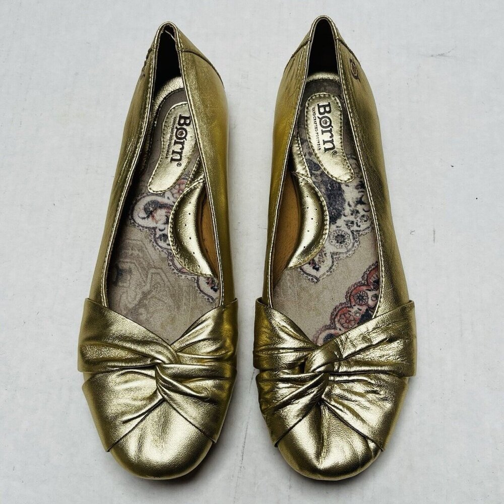 Born Lilly Flats Womens 8 Gold Faux Leather Twisted Bow Holiday Party